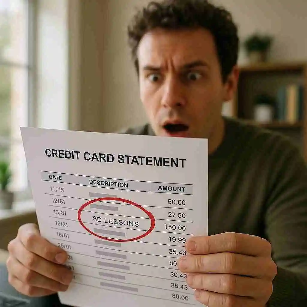 Surprised person looking at credit card statement showing a 3D Lessons charge
