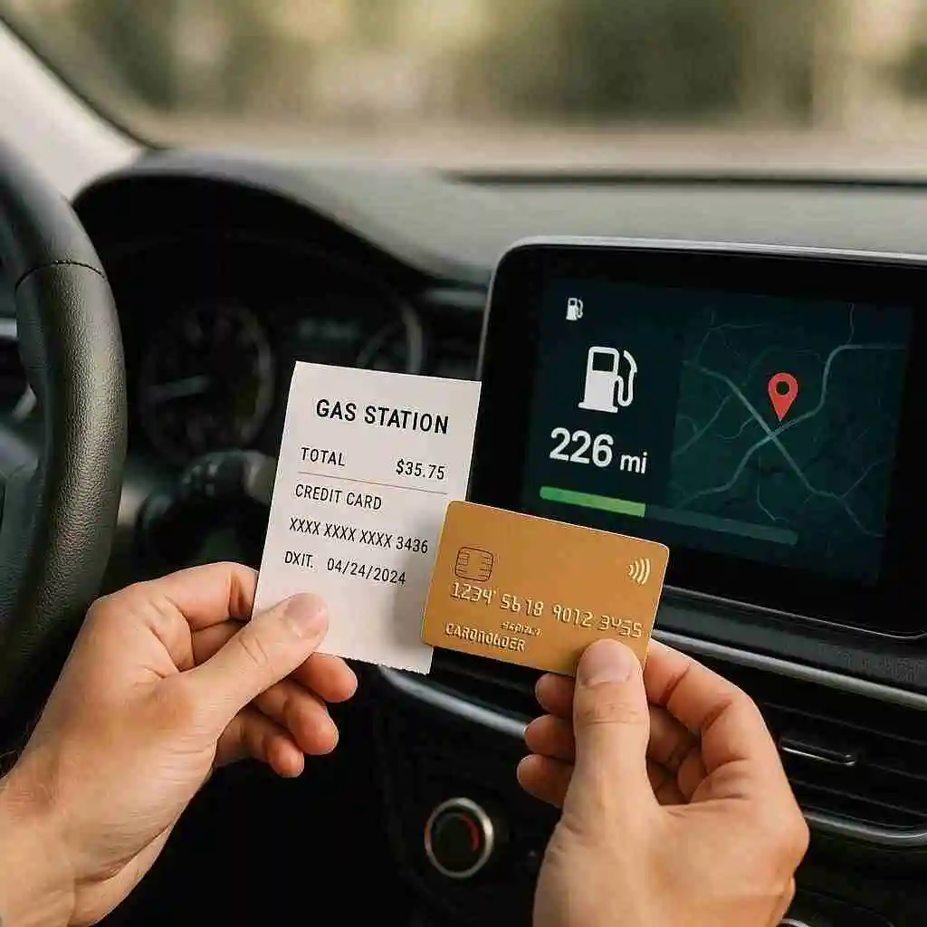 Credit card and fuel receipt on dashboard for expense tracking