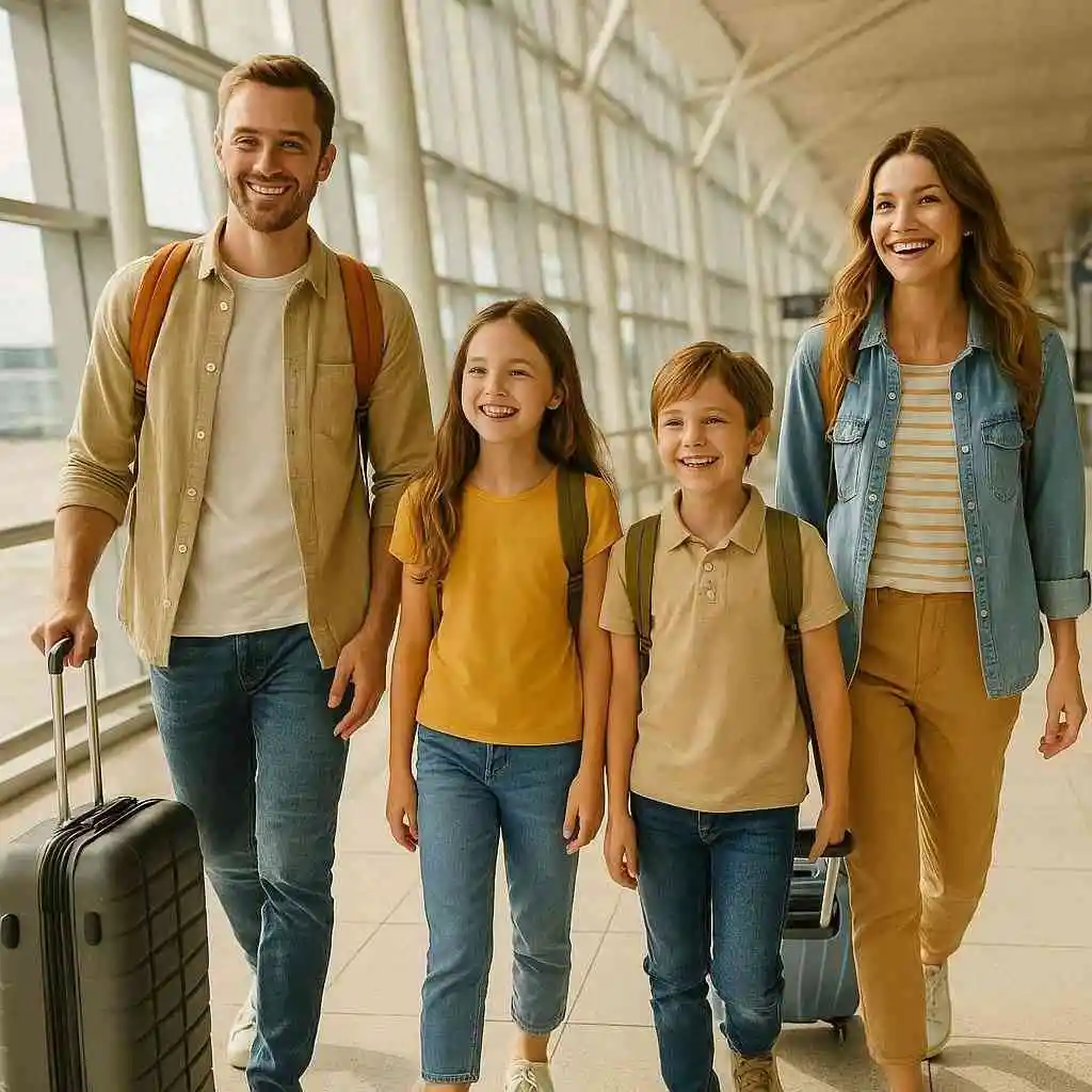 Family at airport with luggage for vacation