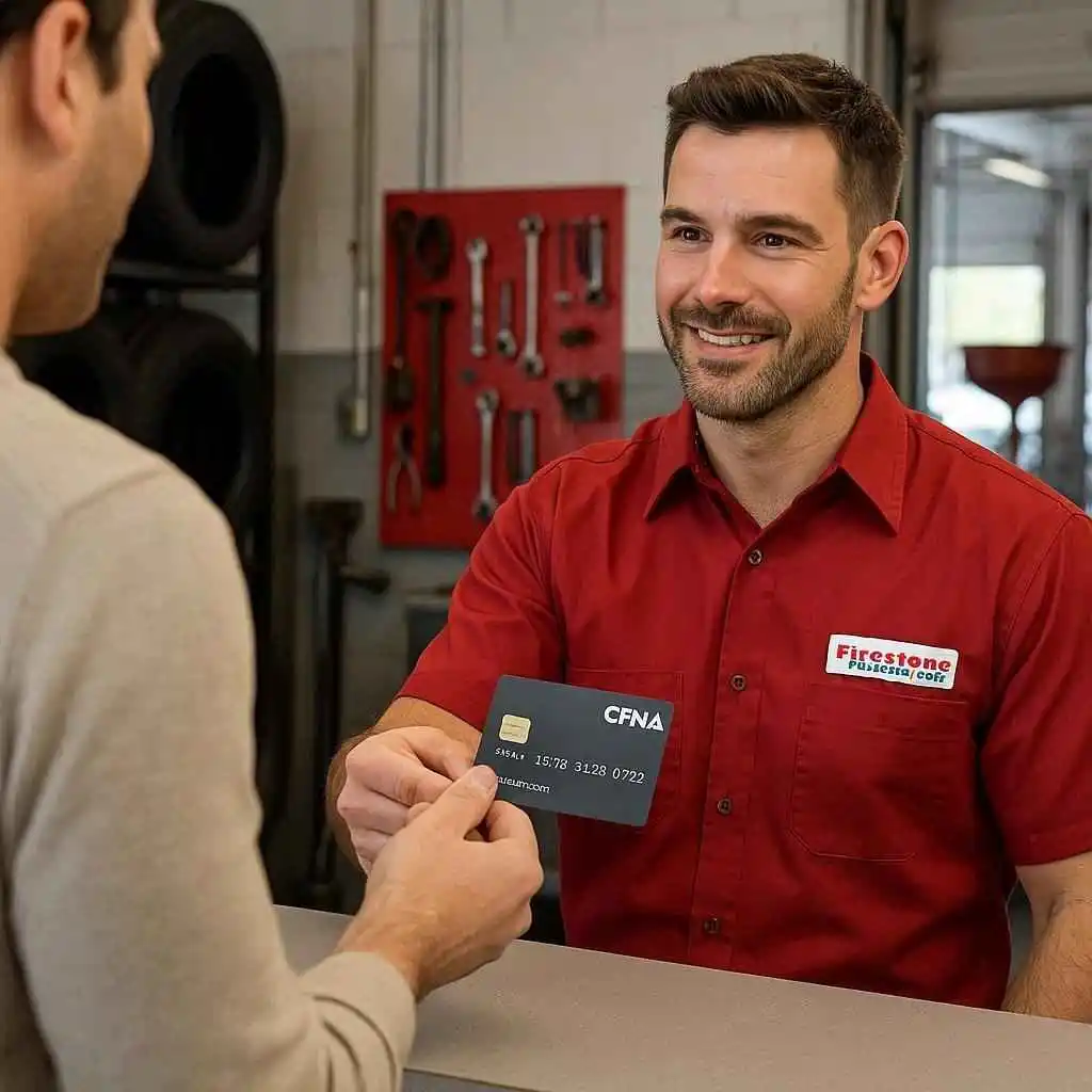 Customer using CFNA credit card at Firestone Complete Auto Care service counter