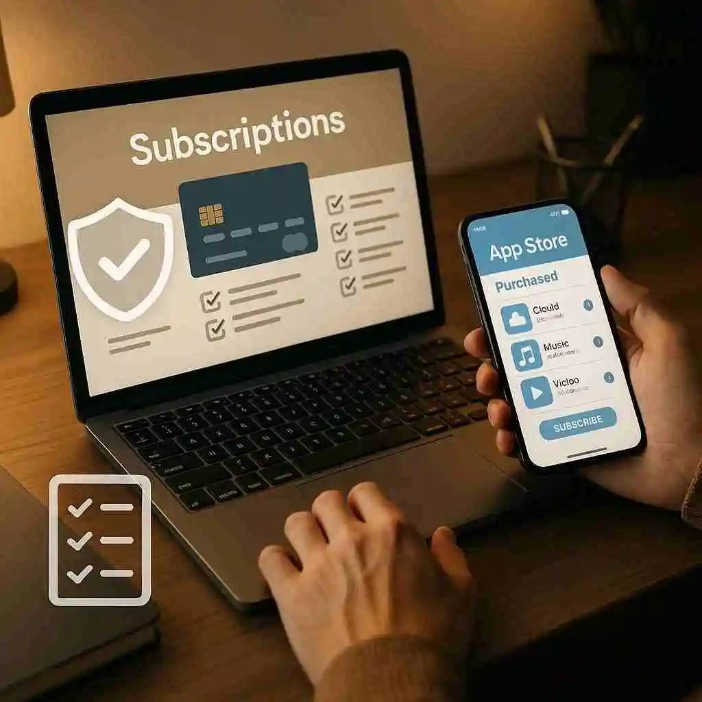 Person checking app subscriptions and bank activity to cancel unknown 3D charges