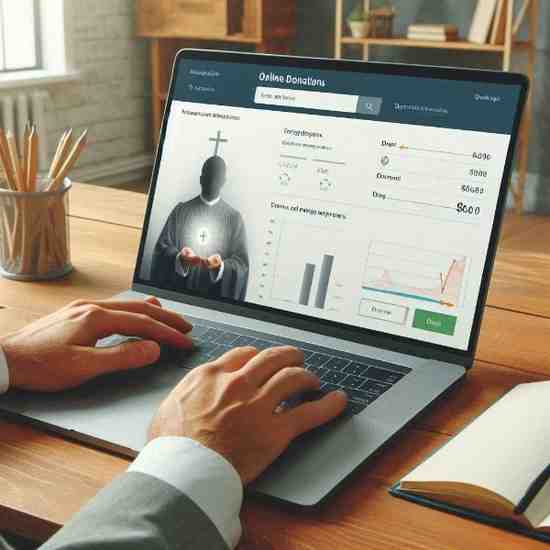 Church administrator managing online donations and recurring tithes