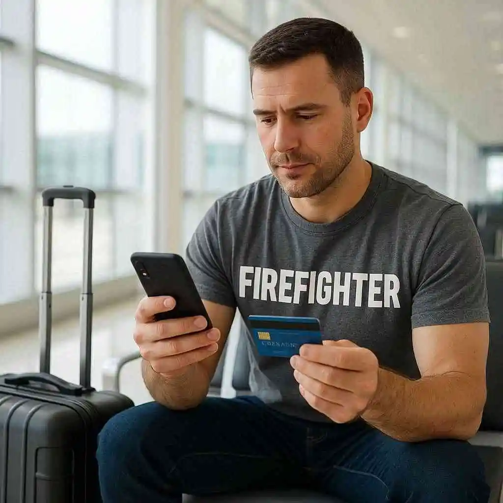 Off-duty firefighter using a credit card on a smartphone to book travel while seated in an airport terminal.