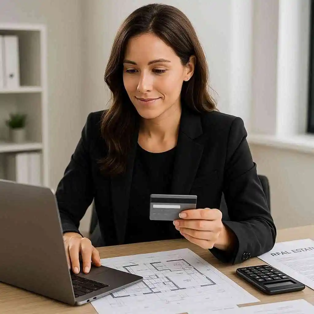 Real estate investor using a credit card online to manage renovation expenses, seated at a modern desk with property plans and a laptop