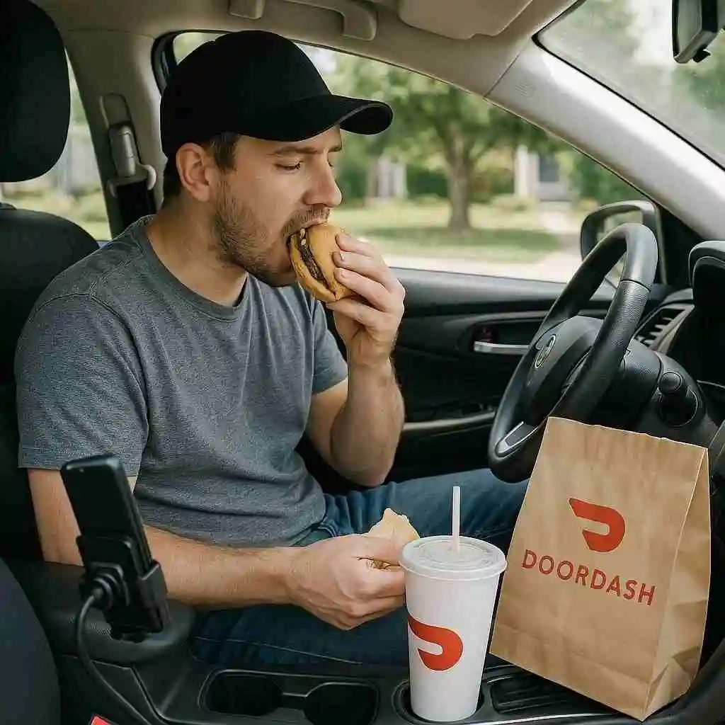 Delivery driver eating fast food using cashback credit card rewards