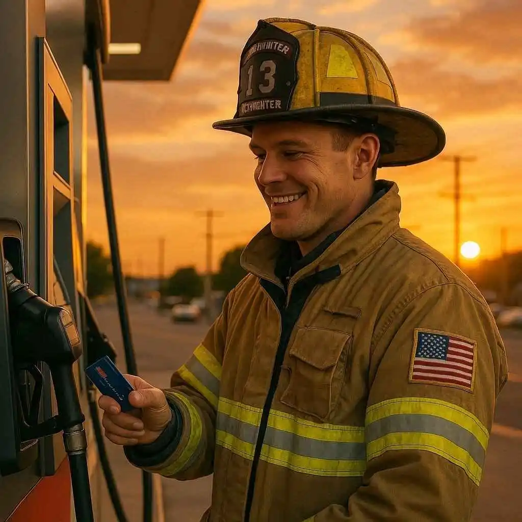 U.S. firefighter swiping a credit card at a gas station during sunset — representing cashback rewards on fuel purchases.