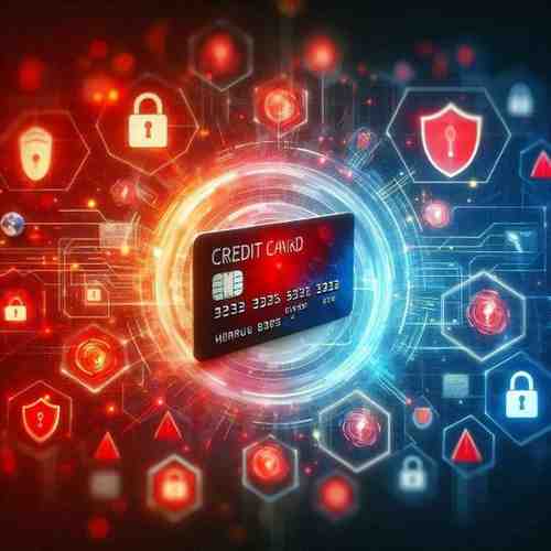A conceptual illustration of a credit card with digital warning symbols and padlocks, representing fraud protection and cybersecurity.