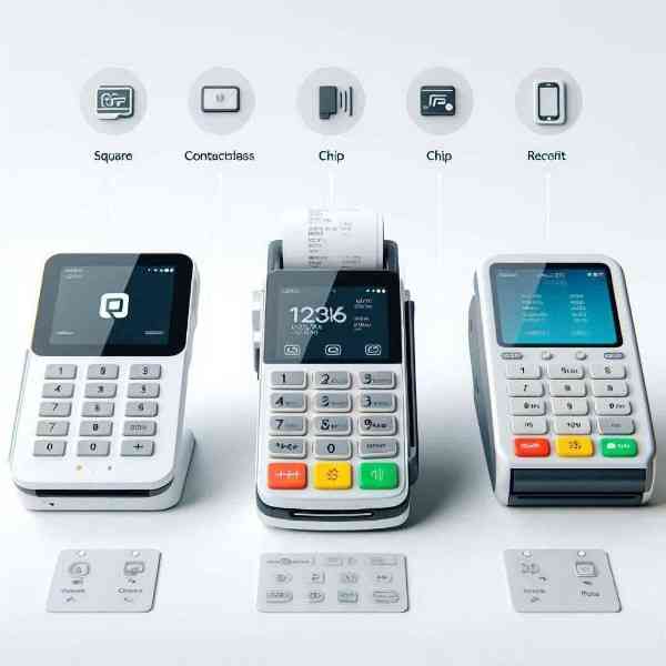 Visual comparison of Square, Clover, and EMS credit card POS terminals for small business use.