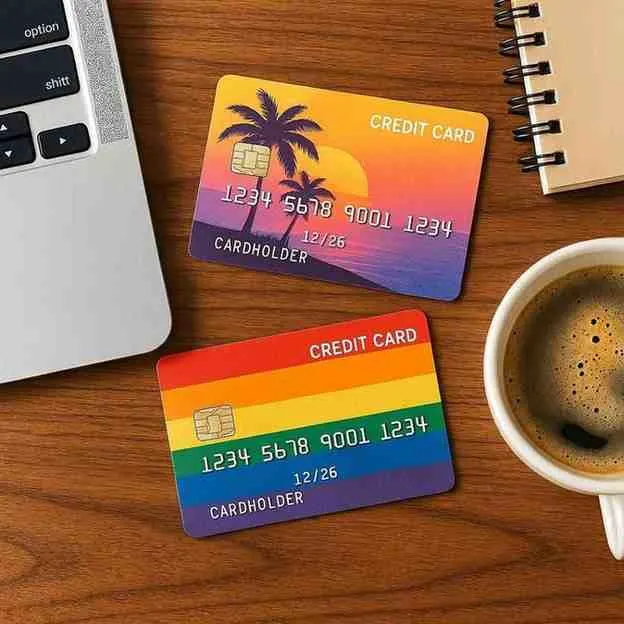 Themed credit cards on a desk symbolizing Disney Visa card options.