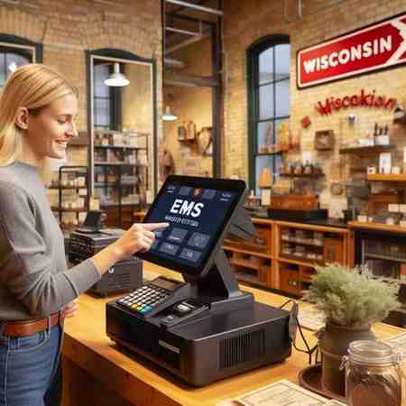 Milwaukee retail store using EMS credit card processing with a customer completing payment at the POS.