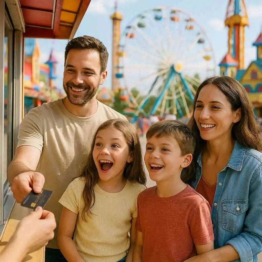 Family using credit card at theme park