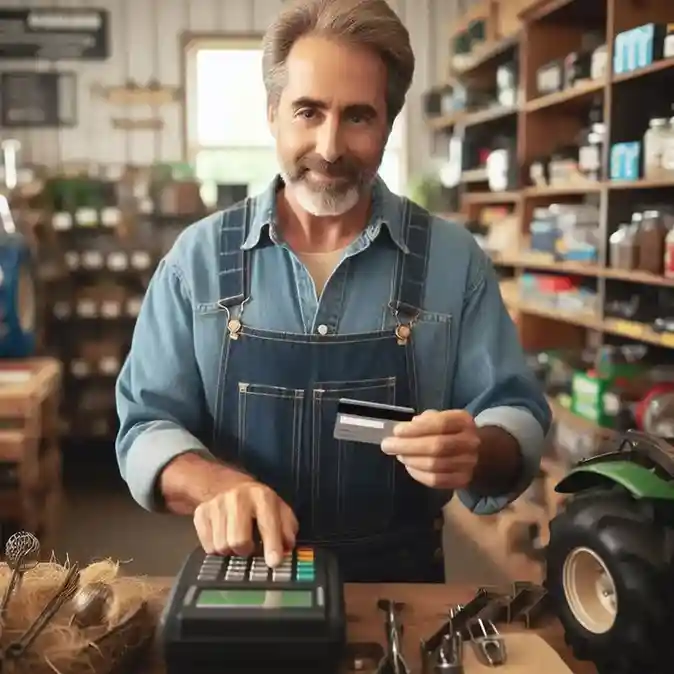 Farmer paying with a credit card at a tractor supply store in rural America