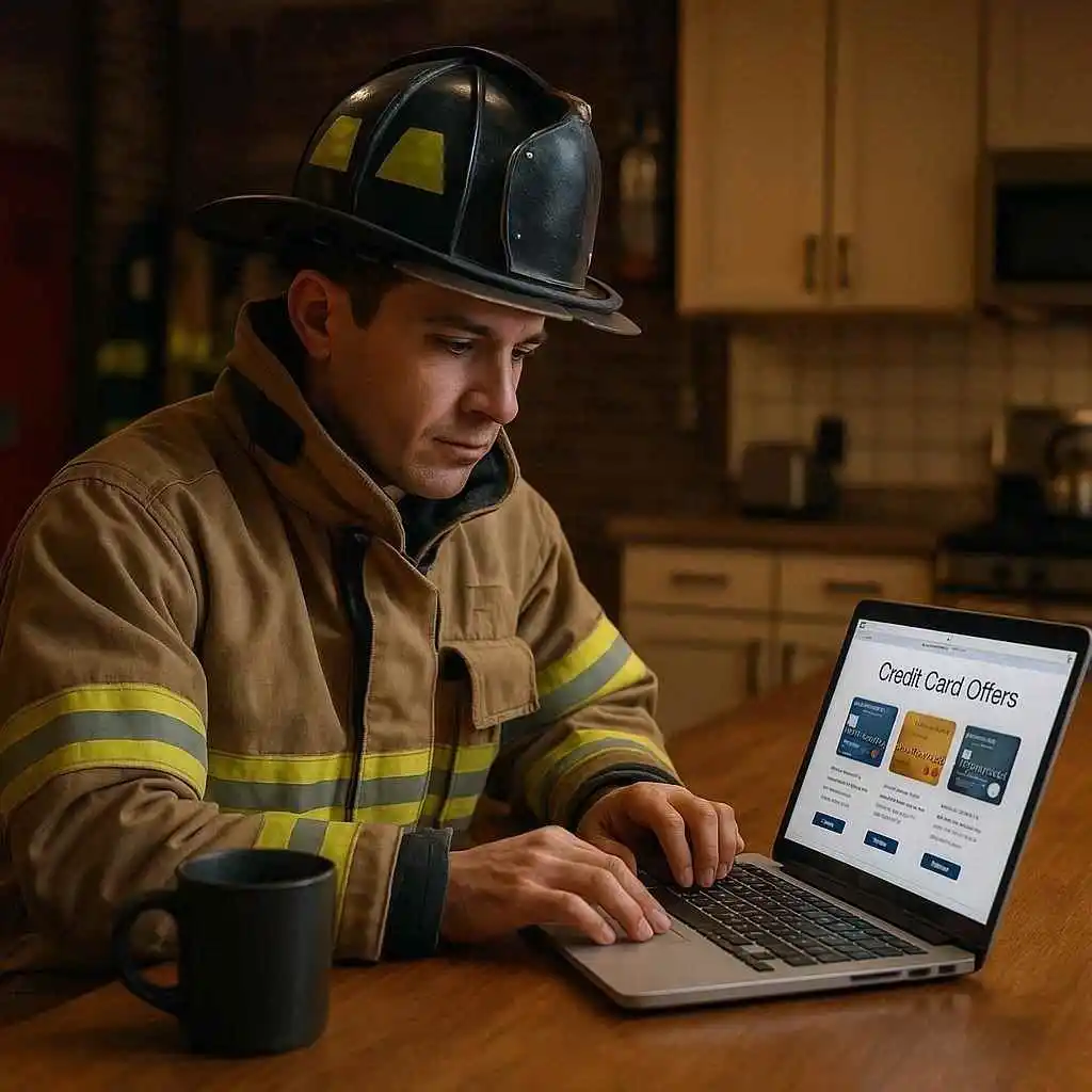 Firefighter in uniform reviewing credit card options on a laptop at a firehouse kitchen table, with coffee nearby.