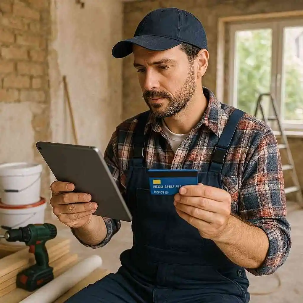 House flipper using a credit card on a tablet to purchase renovation materials during a home upgrade project