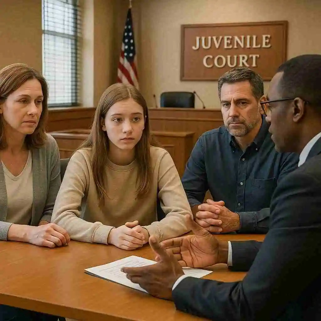 Minor with parents speaking to a judge in a juvenile credit card theft case