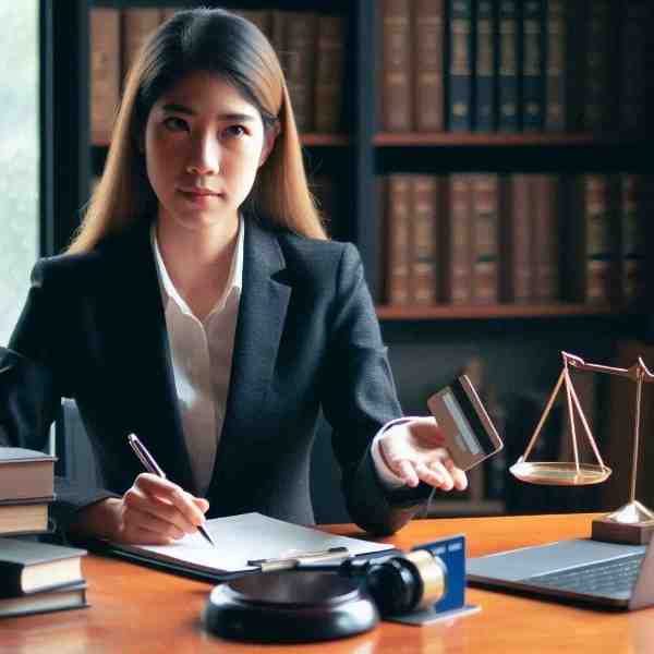 A lawyer advising a client on how to handle a credit or debit card abuse accusation, with law books and justice scales on the desk.