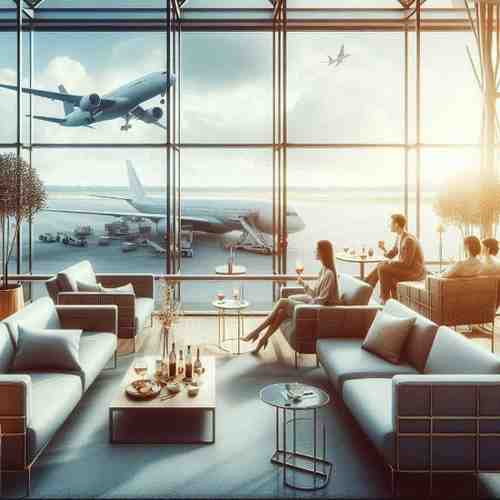 Luxury airport lounge with traveler enjoying perks of premium travel rewards credit cards.