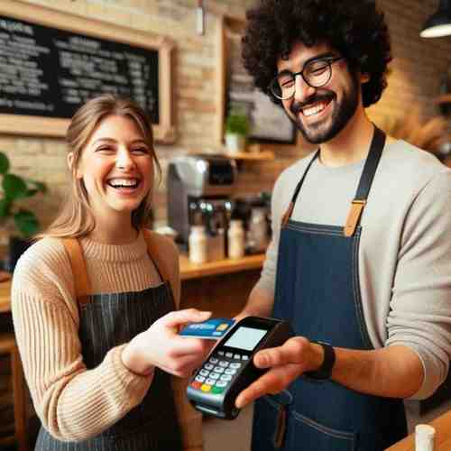 Small business owner in a Milwaukee café accepting a credit card payment from a customer using a mobile reader.