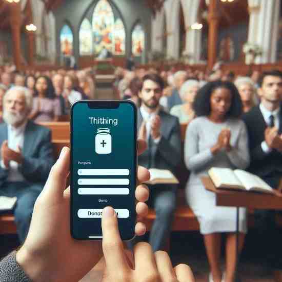 Church members donating via mobile app during Sunday service