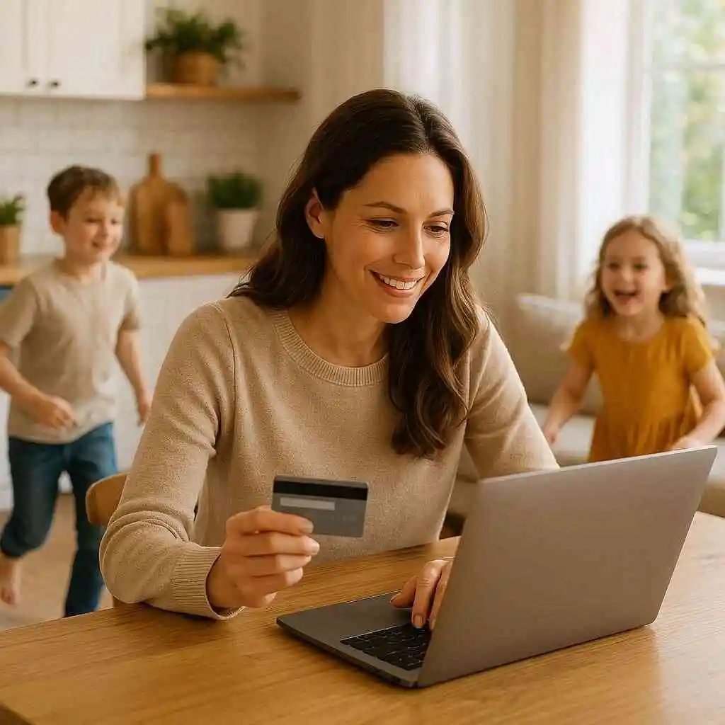 Mom booking family trip online with credit card