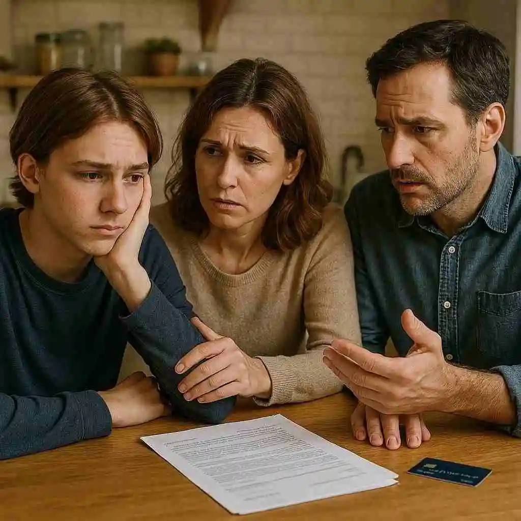 Concerned parents discussing credit card misuse with their teen at home