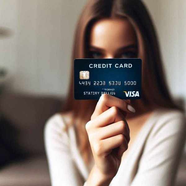 Person holding a Visa credit card with starting digits 4427, checking details in a home setting.
