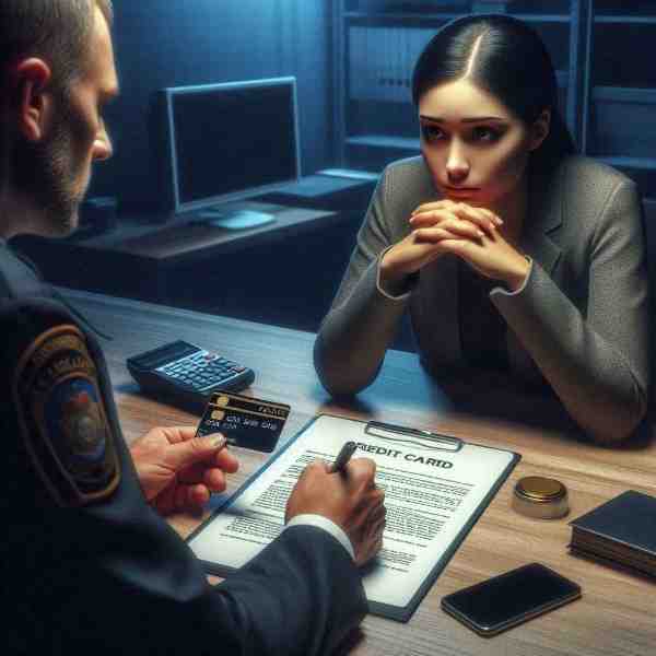 A person being questioned by a police officer for unauthorized credit card use, with documents and a card on the table.
