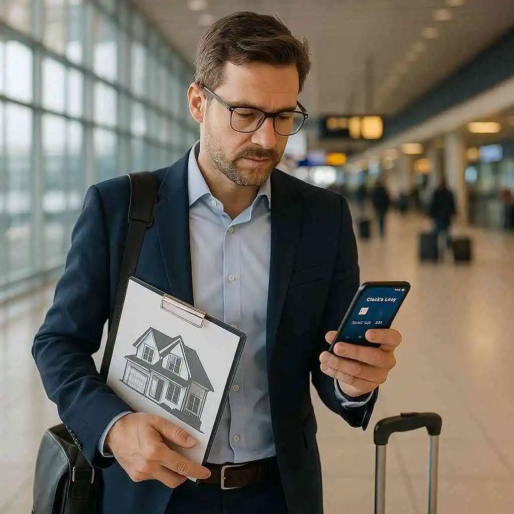 "Real estate investor at the airport checking a credit card app on their phone while heading to a property inspection