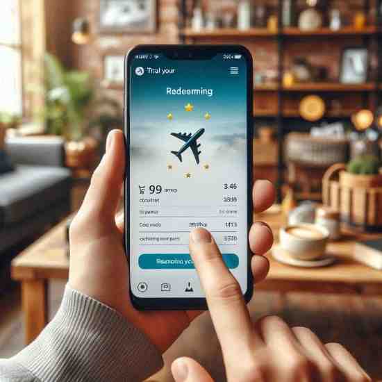 Smartphone user redeeming travel rewards from credit card on a travel booking app.