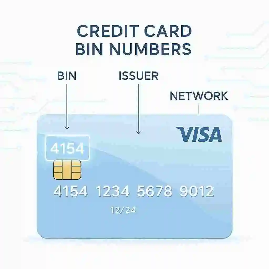 Digital illustration showing 4154 Visa credit card BIN with highlighted digits and network labels