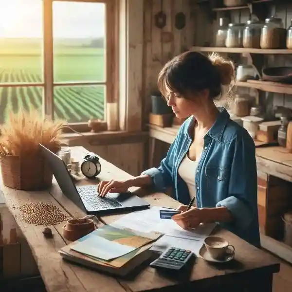 Woman farmer budgeting farm expenses using a credit card and laptop