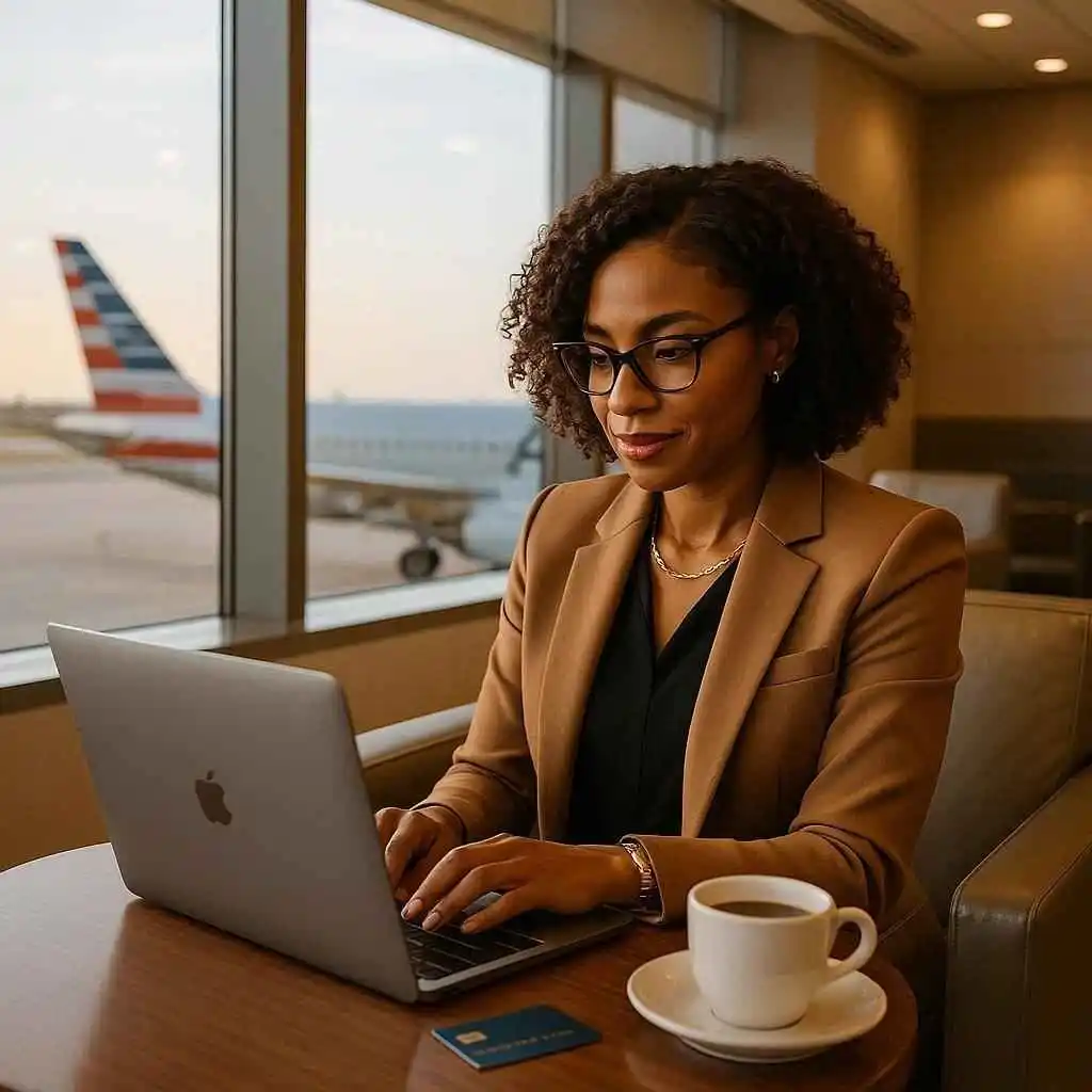 American Airlines Admirals Club lounge with business traveler using credit card and laptop