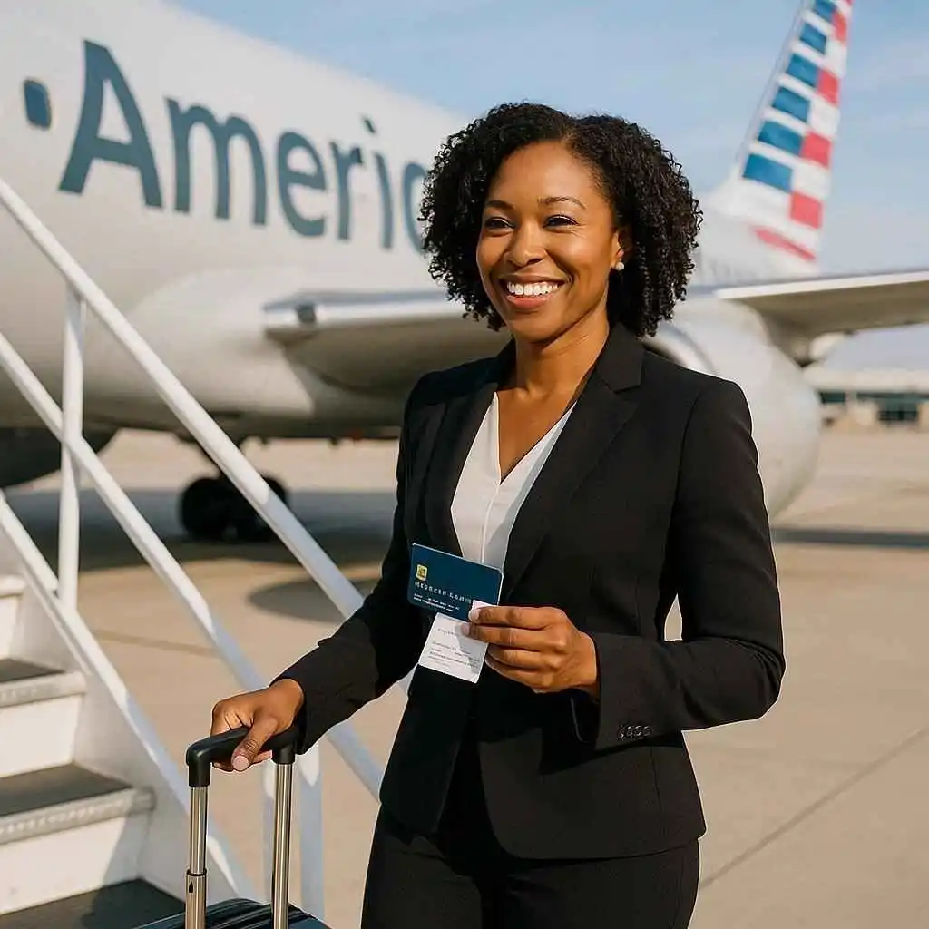 merican Airlines business traveler boarding flight with credit card and boarding pass
