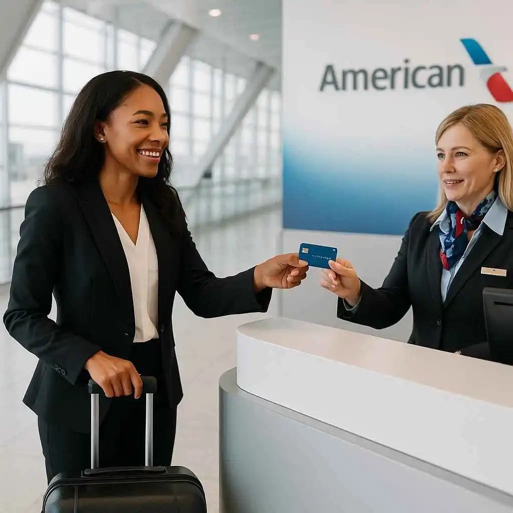 American business traveler using credit card at American Airlines check-in counter