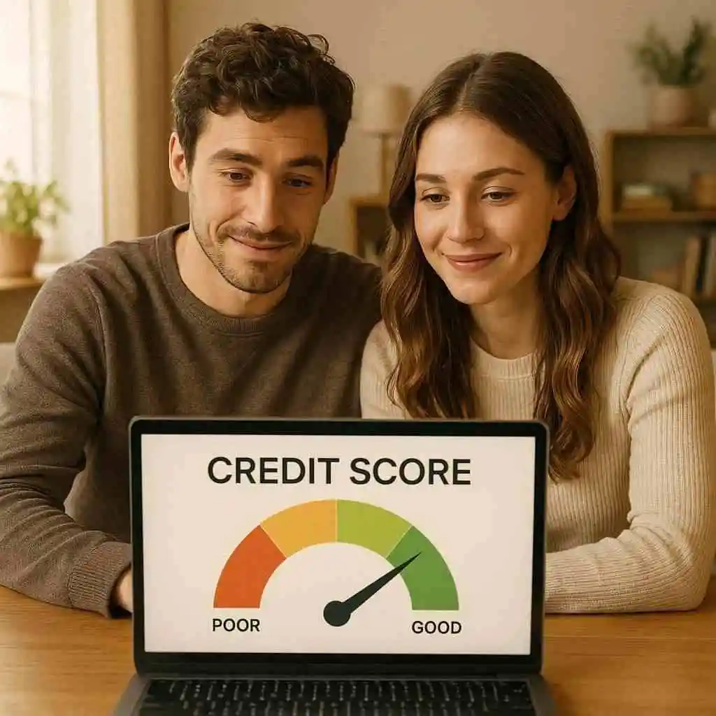 Couple checking improved credit score report after using the best credit cards for bad credit in 2025