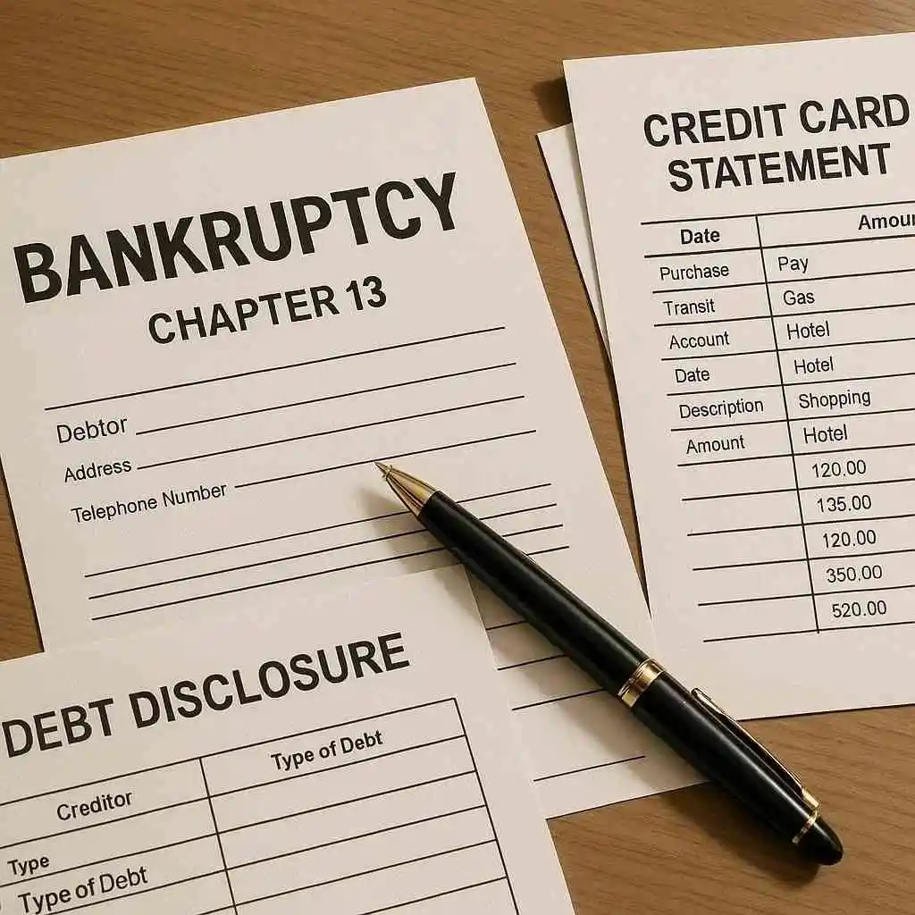 Chapter 13 bankruptcy paperwork with credit card statements symbolizing debt disclosure.