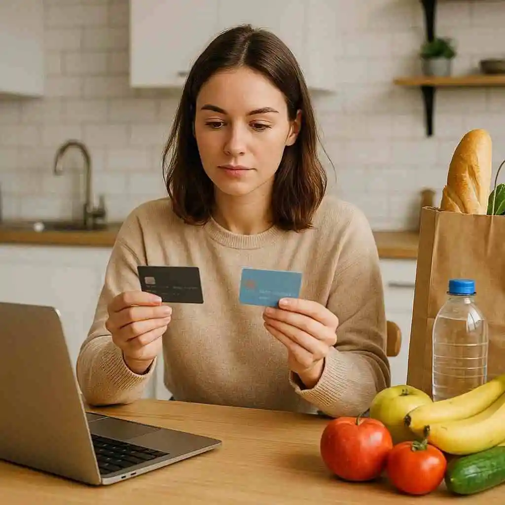 Young woman comparing best grocery credit cards at home