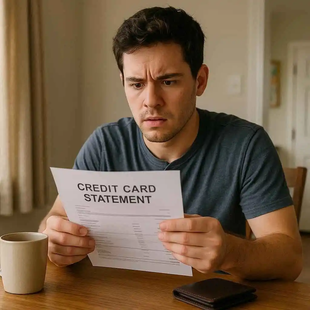 Confused man reviewing credit card statement with unknown charge