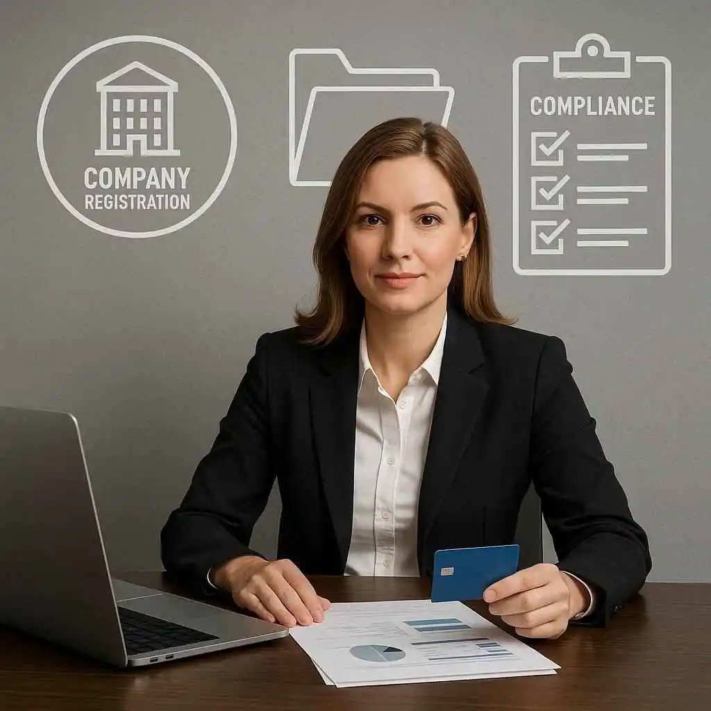 Businesswoman managing LLC registration and corporate filings paperwork