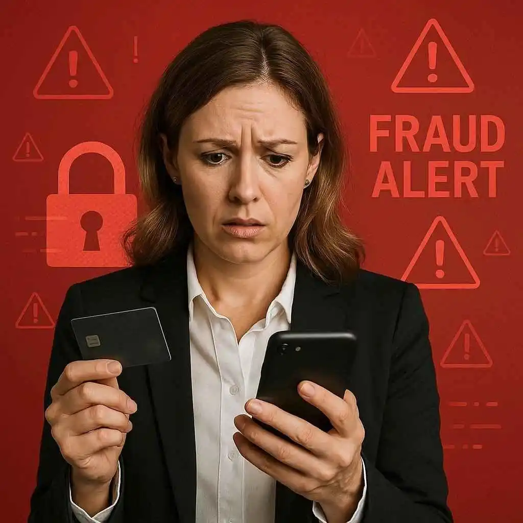 Concerned woman checking fraud alert for unauthorized Corporate Filings LLC charge