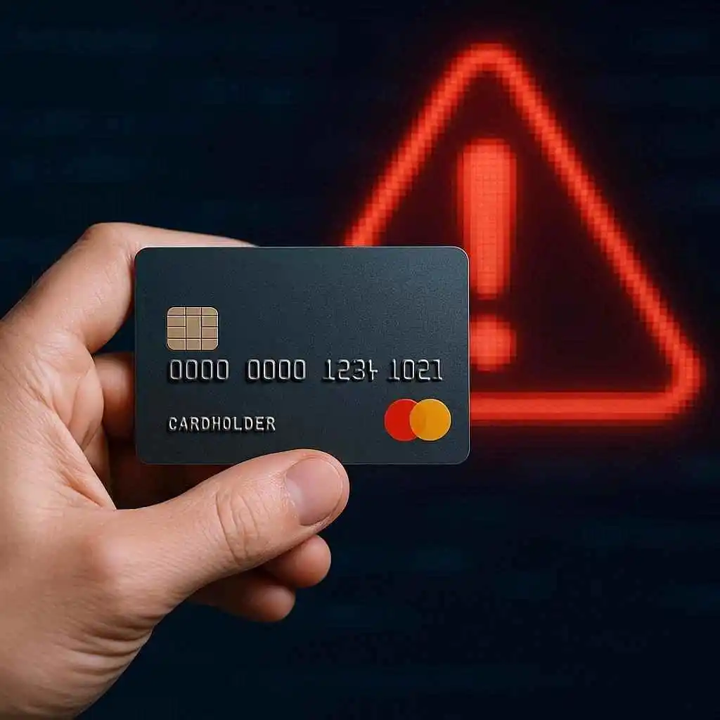Credit card with fraud alert symbol for suspicious charges