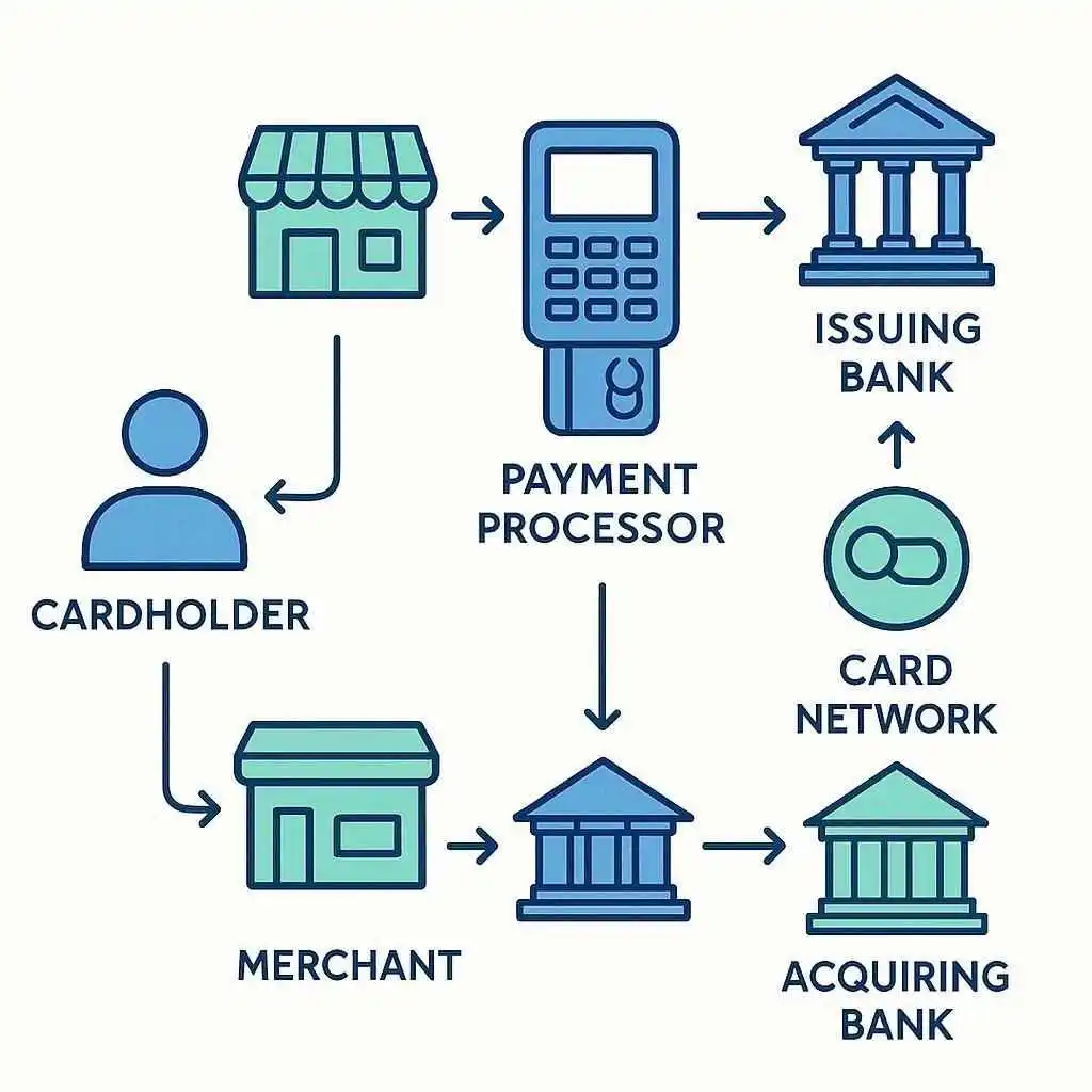 Step-by-step infographic showing how credit card transactions work with banks, merchants, and processors.