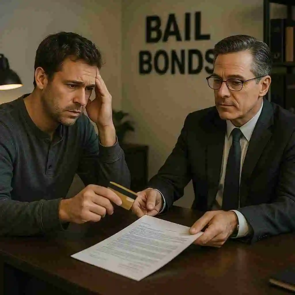 Worried person paying a bail bondsman with a credit card in office