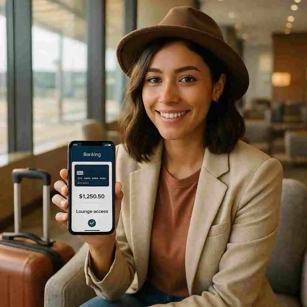 Beautiful female traveler checking credit card lounge access on smartphone