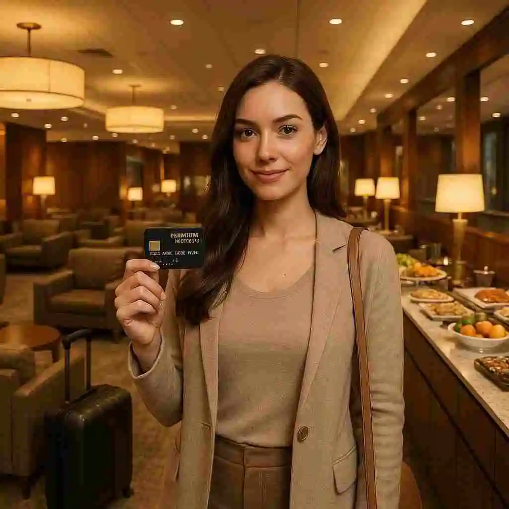 Luxury airport lounge with traveler holding credit card for access