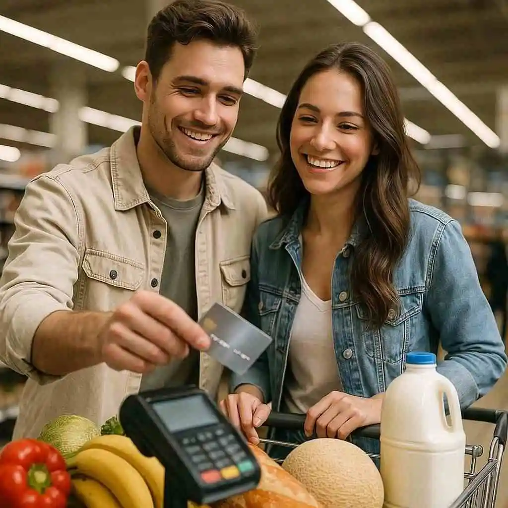 Young couple paying for groceries with a credit card at checkout