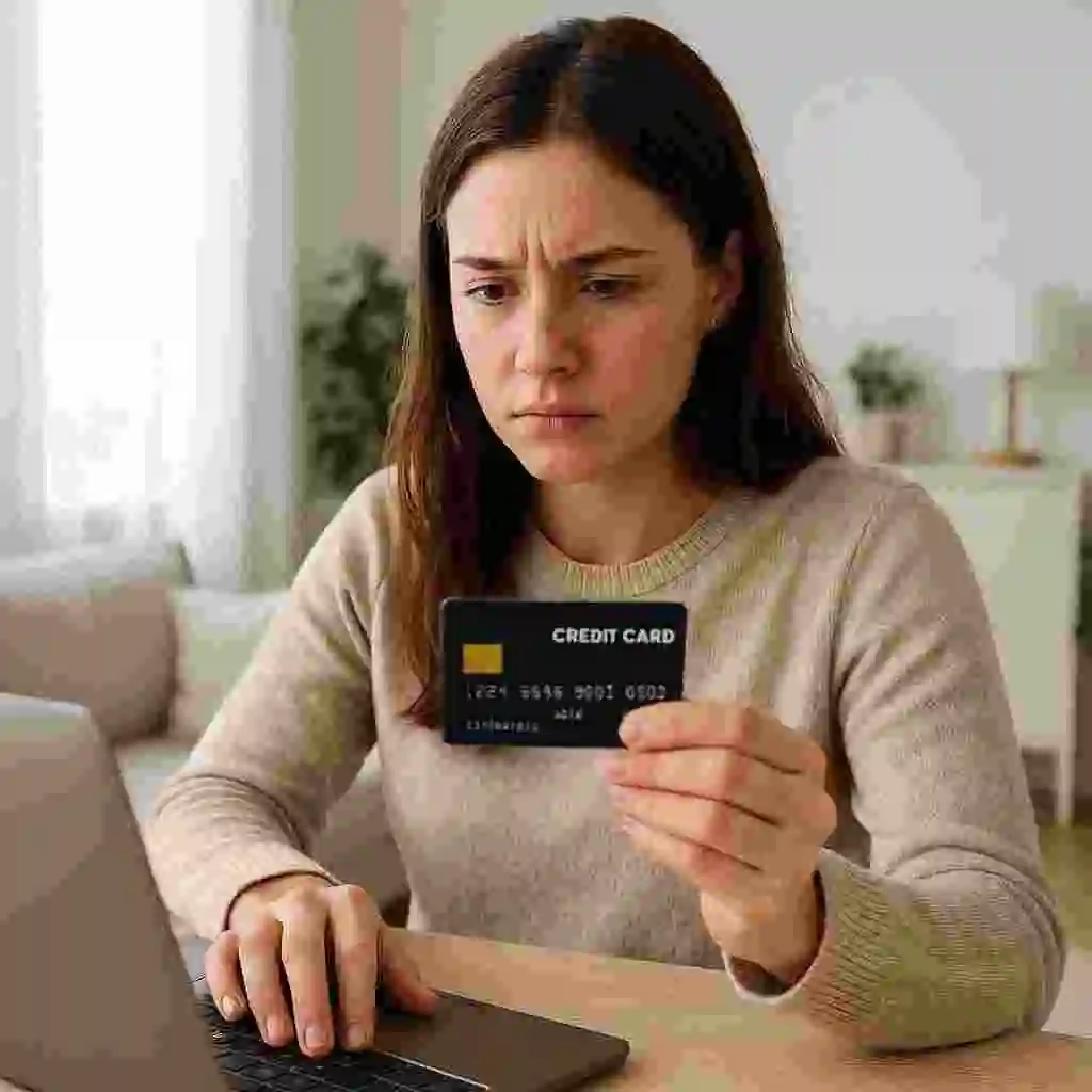Woman checking credit card security to avoid fraud charges