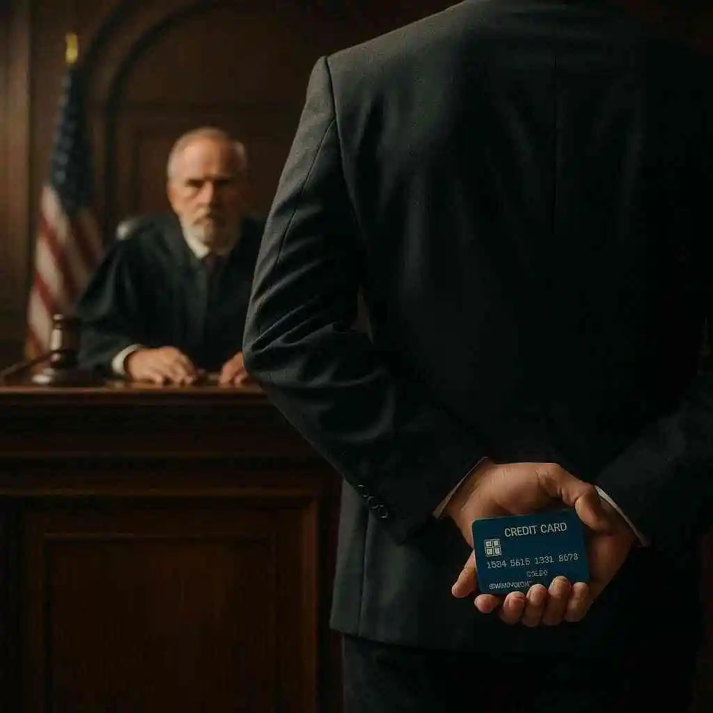 Person hiding credit card from judge showing risk of fraud in Chapter 13 bankruptcy