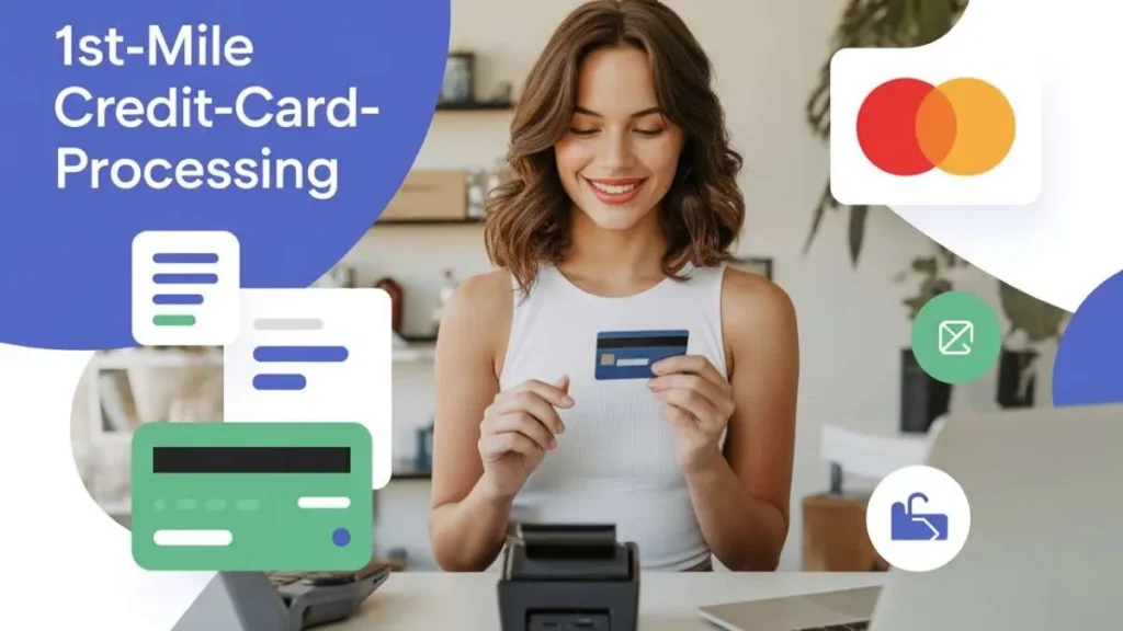 Woman using credit card for 1st-mile-credit-card-processing in small business