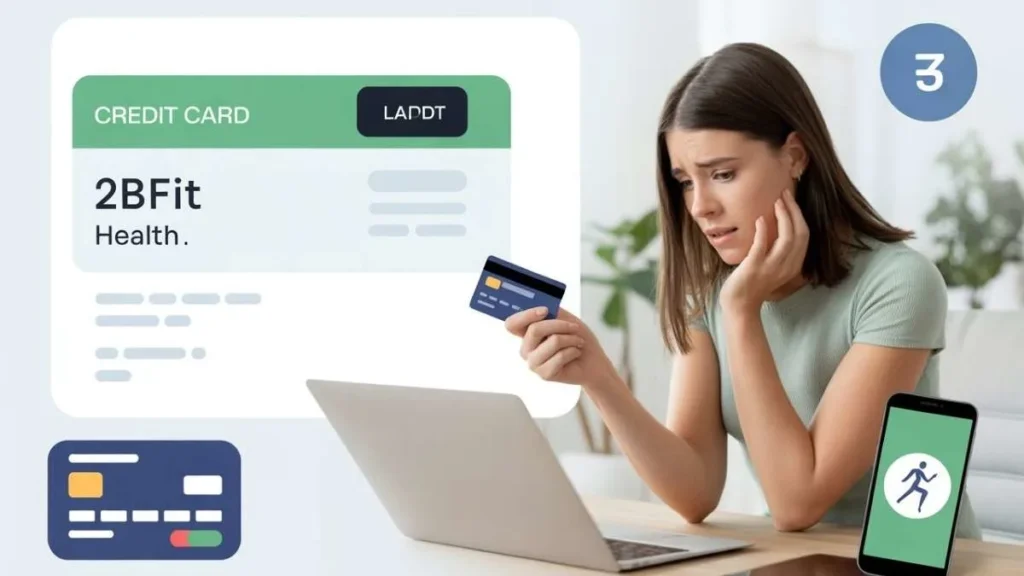 Woman checking laptop for 2BFit Health charge on credit card statement